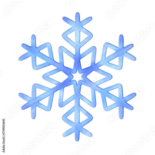 Obraz A 3D stylized iridescent blue snowflake with a six-pointed geometric design that incorporates chevron and diamond shapes.