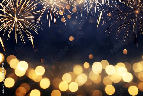 Fototapeta Golden fireworks explode in the night sky above a blurred bokeh of warm yellow lights creating a festive celebration atmosphere