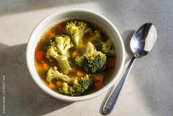Fototapeta a bowl of vegetable soup on a light gray surface