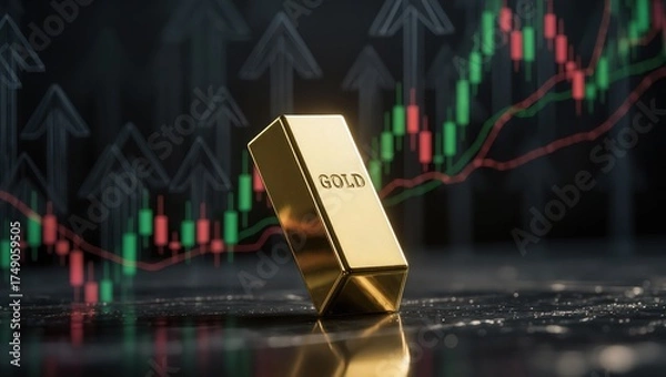 Fototapeta Shiny gold bar standing upon reflective surface featuring the rising financial chart within the background, illuminated by soft studio lighting, symbolizing growth and market investment trends