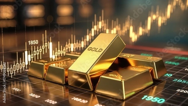 Fototapeta Shiny gold bars rest upon the digital financial chart showing a rising market trend under warm studio lighting, symbolizing wealth, investment, and economic growth within a modern trading environment