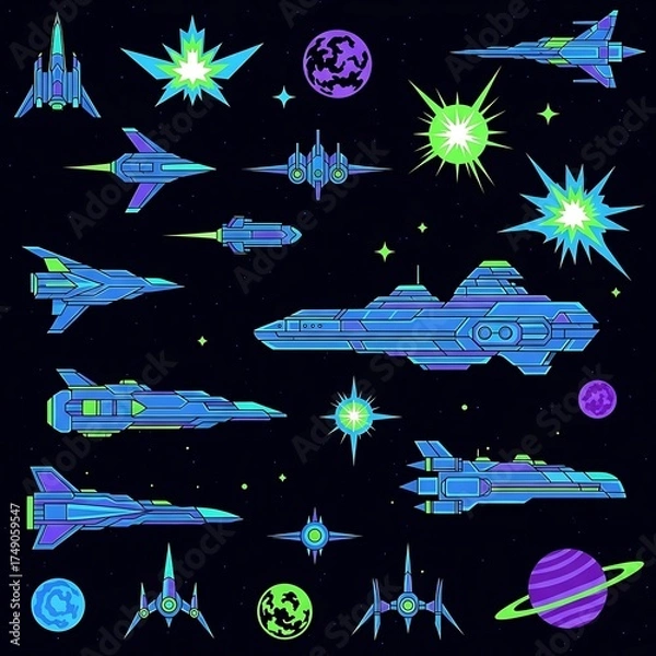 Obraz Neon Spacecraft Collection - Retro Sci-Fi Vector Graphics.