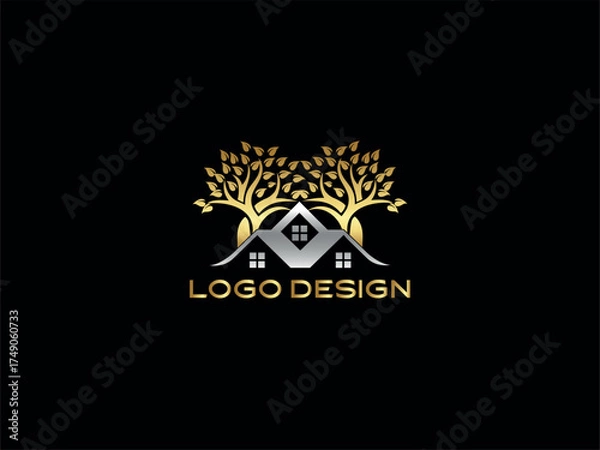 Fototapeta Luxury real estate logo with golden tree — elegant property brand design for modern architecture firm