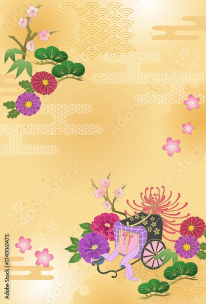 Obraz お正月 和風 和柄背景 松竹梅 御所車 牡丹 菊 年賀状 金 New Year Japanese pattern background Pine, bamboo, plum, peony, chrysanthemum, New Year's card, gold
