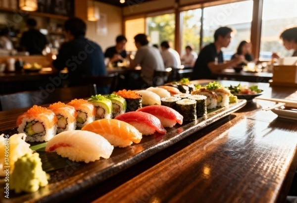 Fototapeta A beautifully arranged platter of various sushi and rolls sits on a table in a bustling Japanese restaurant.
