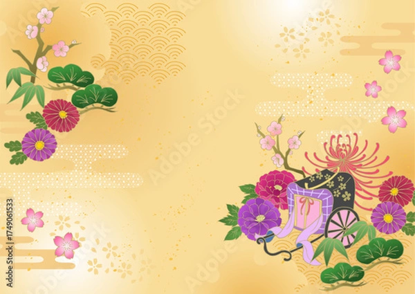 Fototapeta お正月 和風 和柄背景 松竹梅 御所車 牡丹 菊 年賀状 金 New Year Japanese pattern background Pine, bamboo, plum, peony, chrysanthemum, New Year's card, gold