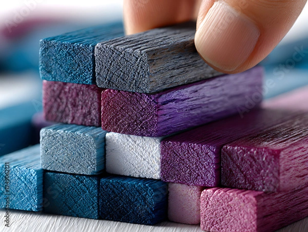 Fototapeta Creative handcrafting of colored wooden blocks art studio macro photography bright environment close-up view art concept