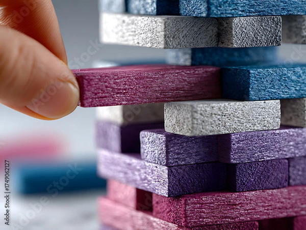 Fototapeta Strategic move in jenga gameplay indoor setting close-up view focused action skill and strategy