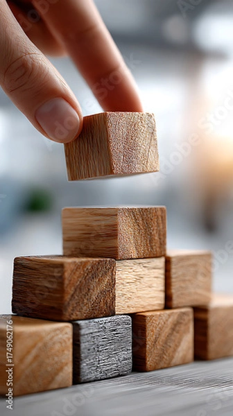 Fototapeta Building blocks of creativity wooden cube stacking activity at home indoor play conceptual imagery