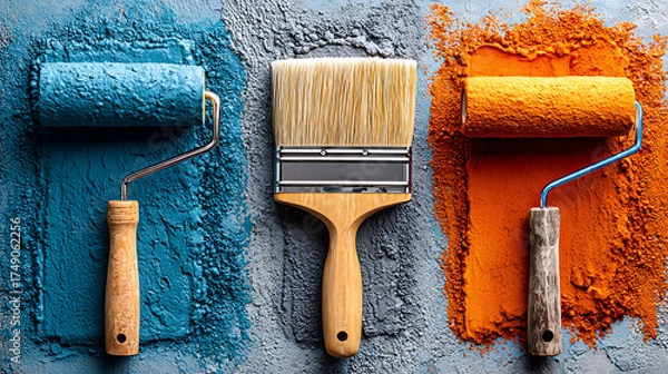 Fototapeta Painting action with colorful rollers home interior artistic content creative environment close-up view diy concept