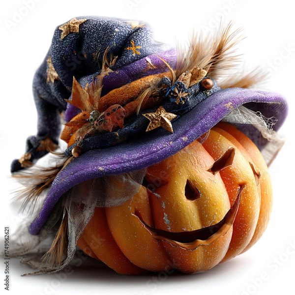 Fototapeta Halloween pumpkin witch hat decoration autumn celebration close-up festive environment whimsical viewpoint