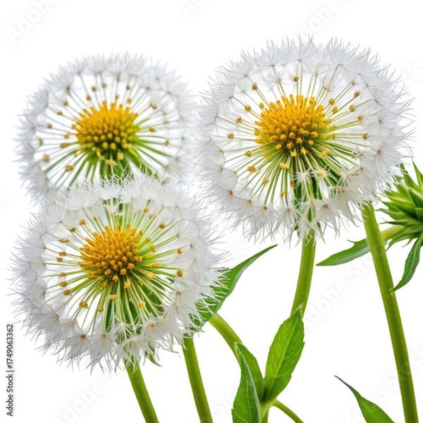 Obraz Three fluffy dandelion seed heads with yellow centers and green stems