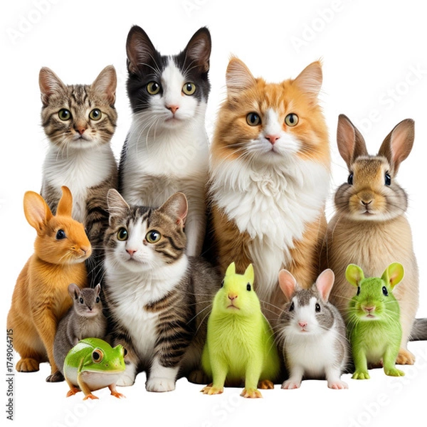 Obraz Cats, rabbits, frog, and mouse pose together on a transparent background