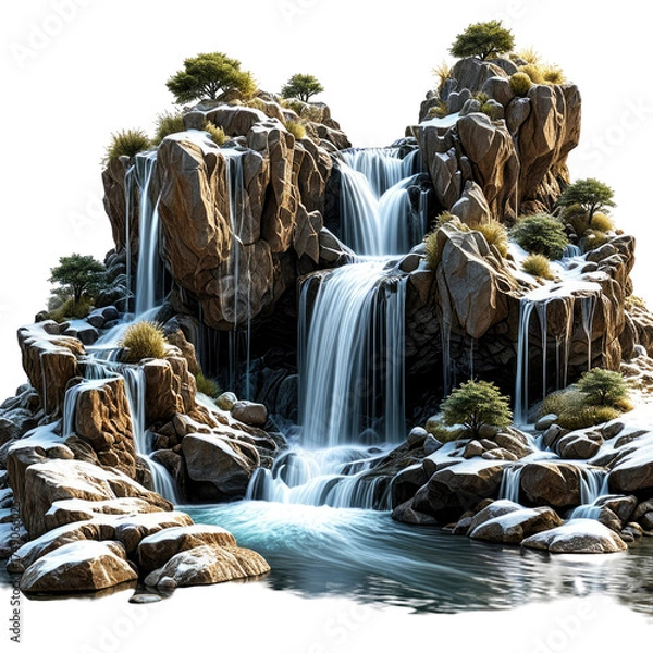 Obraz Winter waterfall cascading through rocky landscape with snow and vegetation