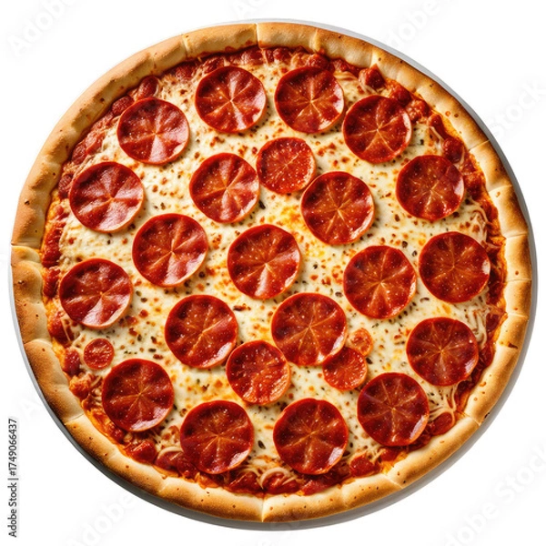 Obraz Pepperoni pizza round, cheesy, tomato sauce, meat slices, golden crust