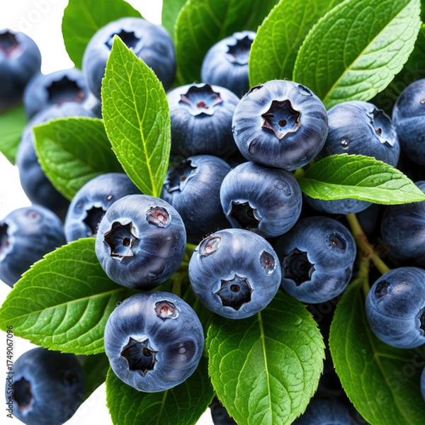 Obraz Fresh blueberries clustered together with lush, vibrant green leaves