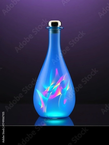 Fototapeta Glowing Blue Potion Bottle With Magical Swirls
