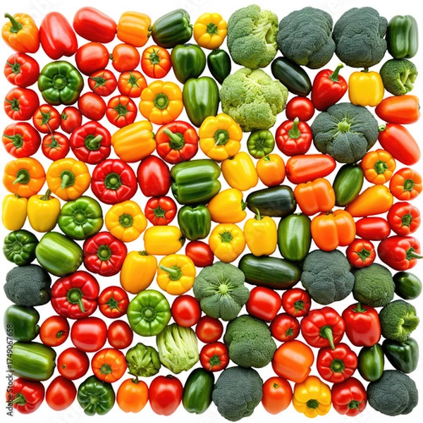 Obraz Colorful peppers and broccoli, arranged neatly on a black background