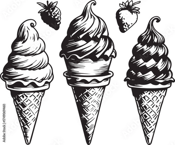 Fototapeta Delicious ice cream cones and cups minimal monochrome illustration