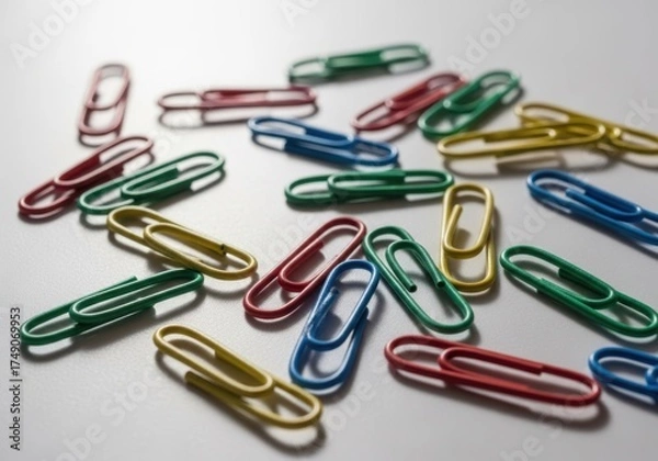 Obraz Colorful assortment of metal paperclips scattered on a light surface