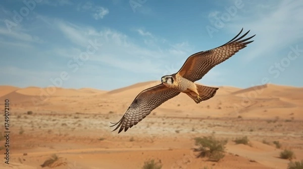 Obraz A falcon soaring above the desert landscape with a clear blue sky and sand dunes visible behind it