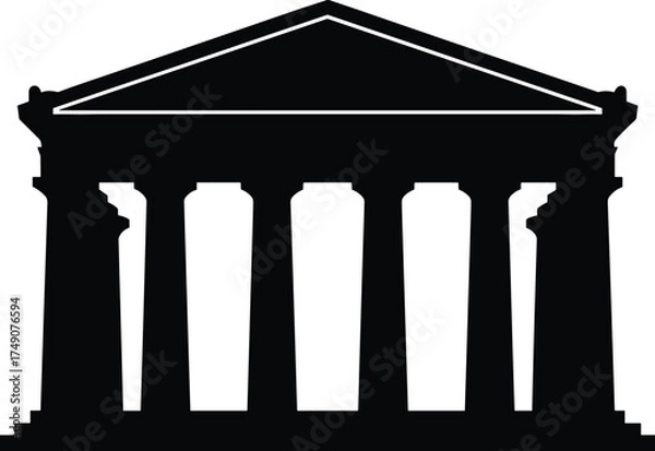 Fototapeta ancient Greek temple with columns and triangular pediment, front view, solid black silhouette