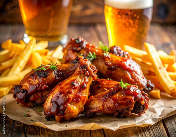 Obraz Barbecue Chicken Wings with French Fries and Beer Glasses on Wooden Surface