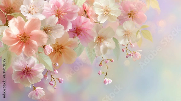 Obraz 春の淡色の花房が空色の壁面に軽やかに浮かぶ穏やかな朝の描写