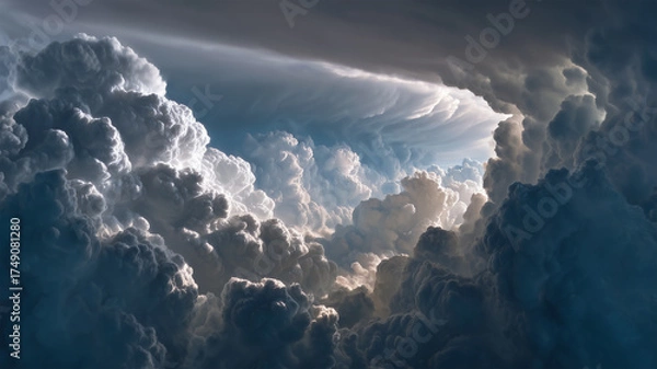 Fototapeta 人物なしの積乱雲がそびえ立ち冷たい光芒が切り裂く迫力の空模様