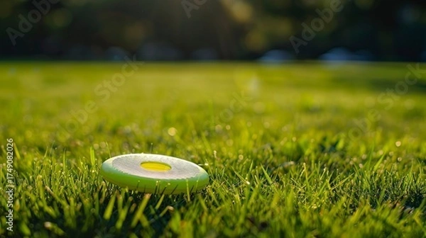 Fototapeta A photo of a frisbee resting on green grass.