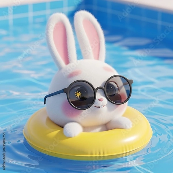 Fototapeta Adorable bunny wearing sunglasses and relaxing on a sunny yellow float in a bright blue swimming pool, perfect for summer fun and playful designs