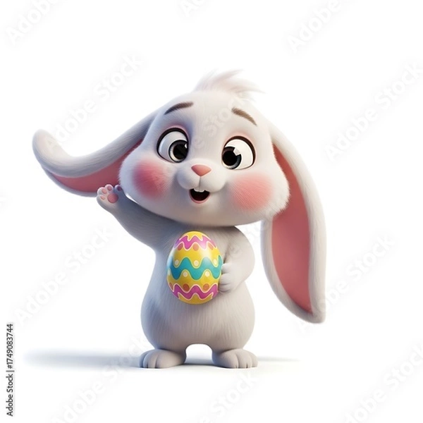 Fototapeta Adorable Easter bunny holding a decorated egg waves hello, perfect for holiday cards and springtime promotions that bring joy and whimsy to your projects