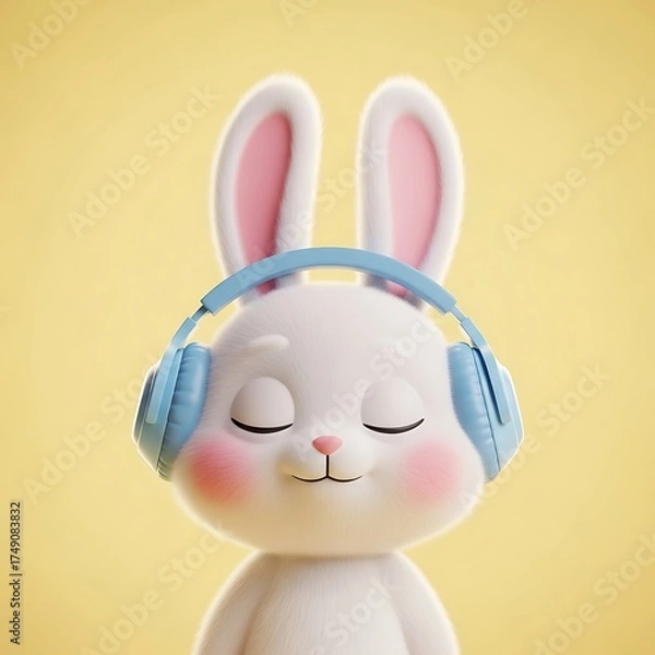 Fototapeta Adorable bunny listening to music with headphones for children's content and Easter promotions, creating a sense of joy and cuteness for various applications