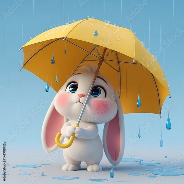 Fototapeta Adorable bunny hiding from the rain under a bright yellow umbrella makes a sweet illustration for springtime projects and children's stories