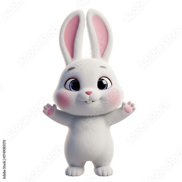 Fototapeta Adorable bunny reaching out with friendly paws on white background, perfect for Easter promotions or cute springtime designs brings joy and cheer