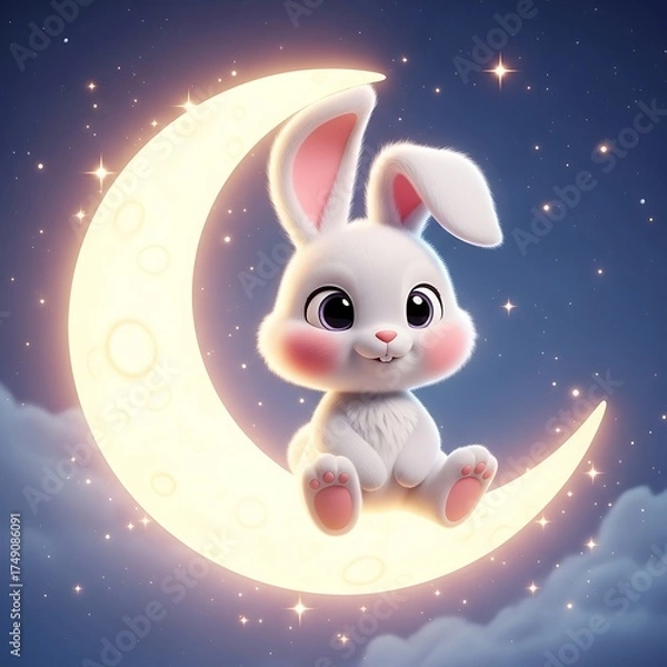 Fototapeta Adorable bunny sits on glowing crescent moon amidst a starry night sky, spreading joy and wonder, perfect for children's books and whimsical designs