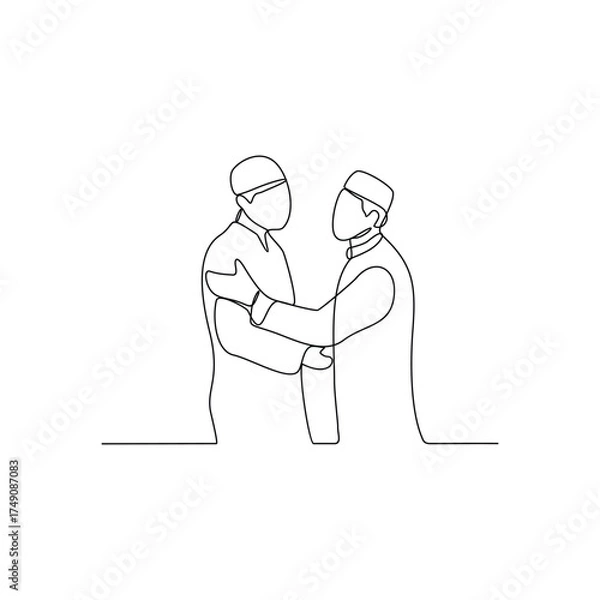 Fototapeta One continuous line drawing of handshake activity vector design illustration. Handshake theme design concept in simple linear continuous line. Great design vector for islamic pray purpose.