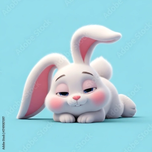 Fototapeta Adorable fluffy bunny with rosy cheeks resting peacefully on a calming blue background, perfect for Easter promotions or children's content