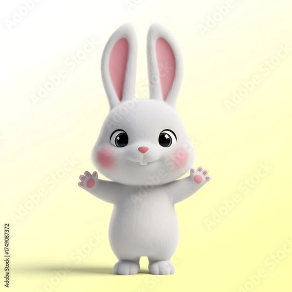 Fototapeta Adorable fluffy bunny character with open arms welcomes spring with its sweet charm, perfect for springtime promotions and Easter celebrations
