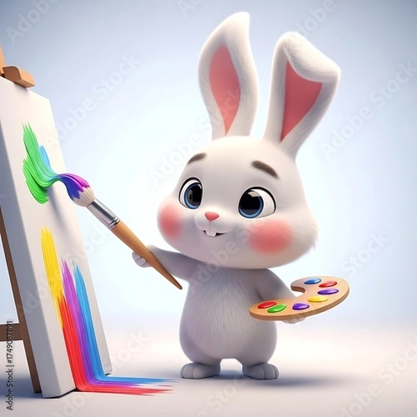 Fototapeta Adorable bunny painting a vibrant rainbow on canvas with a smile, perfect for spring celebrations, children's art projects, and playful Easter designs