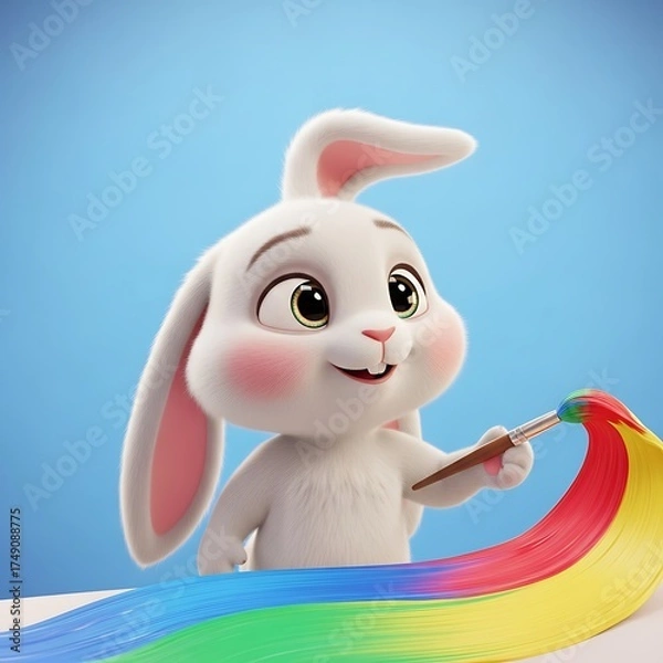 Fototapeta Adorable bunny painting a vibrant rainbow with a paintbrush, spreading joy and creativity, perfect for children's books and colorful springtime designs