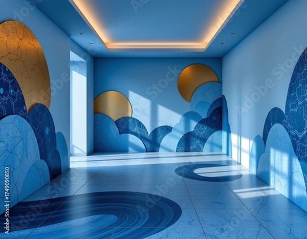 Fototapeta Monochromatic Blue Lounge with Abstract Wall Patterns