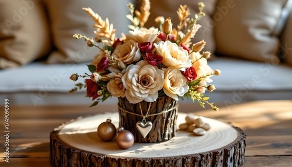 Fototapeta Rustic Floral Arrangement with Wooden Base and Soft Lighting