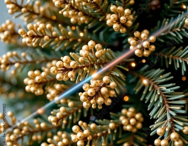 Fototapeta Goldfinished Conifer Branch with Sparkling Needles
