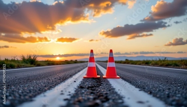 Fototapeta Serene Sunset Road with Traffic Cones and Vibrant Sky