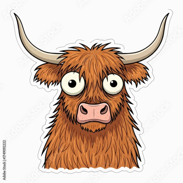 Obraz Cartoon highland cow, kid book illustration, isolated on white background.