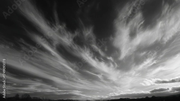 Fototapeta A dramatic black and white sky filled with swirling clouds, showcasing a range of textures and contrasts, creating a captivating atmosphere.