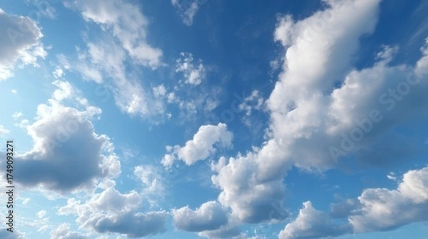 Fototapeta A serene sky filled with fluffy white clouds against a bright blue backdrop, creating a peaceful and expansive atmosphere.