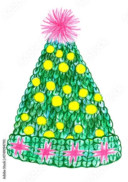 Fototapeta Festive knitted hat shaped like Christmas tree with yellow ornaments and pink pompom. Hand drawn with colored pencils. Isolated on white background. Fun, cozy holiday illustration for seasonal designs