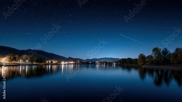 Fototapeta A serene night scene featuring a calm lake reflecting stars and lights, with mountains in the background under a clear blue sky.